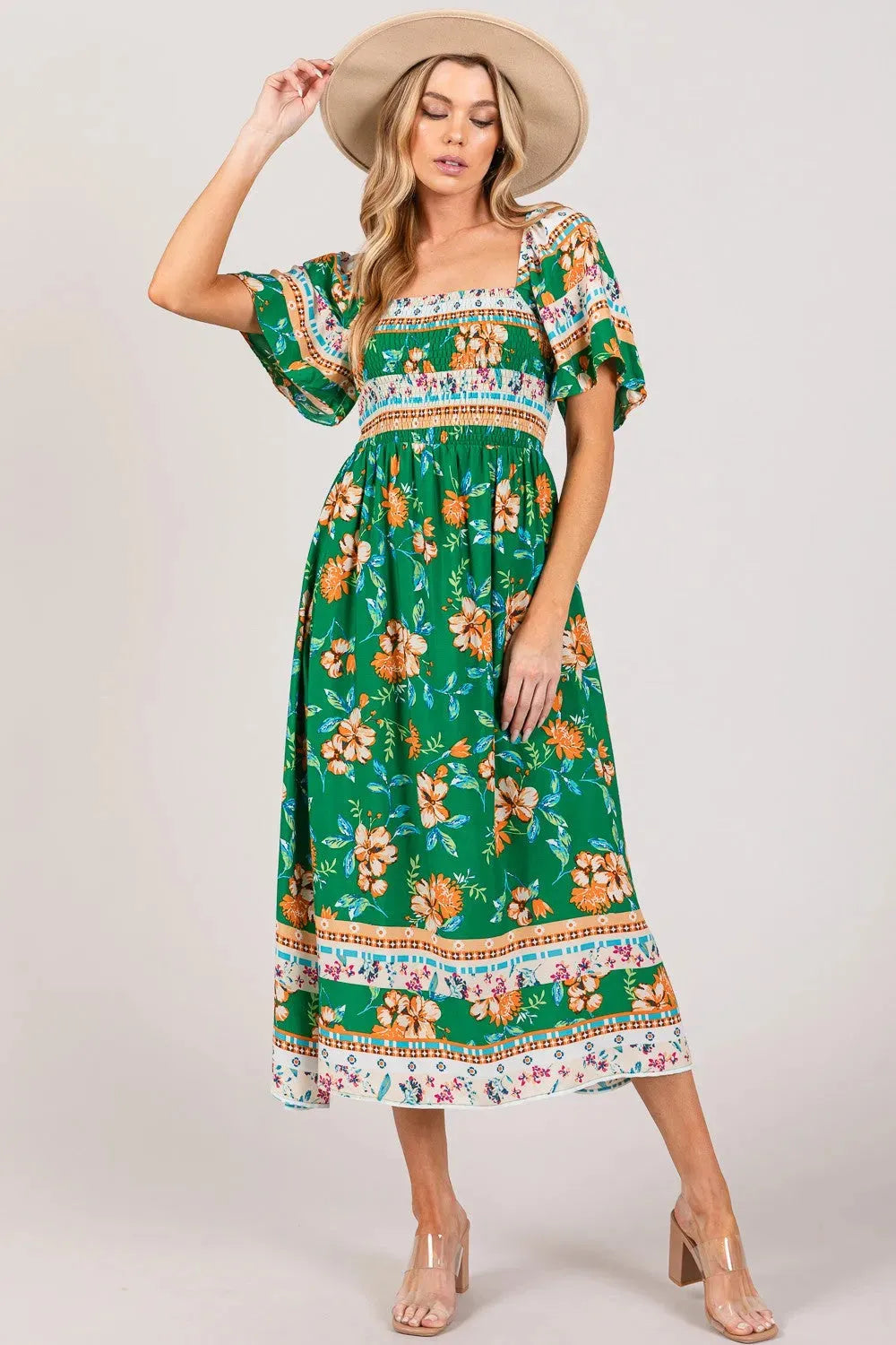 SAGE + FIG Printed Smocked Short Sleeve Midi Dress GREEN Casual Dresses - Tophatter Daily Deals
